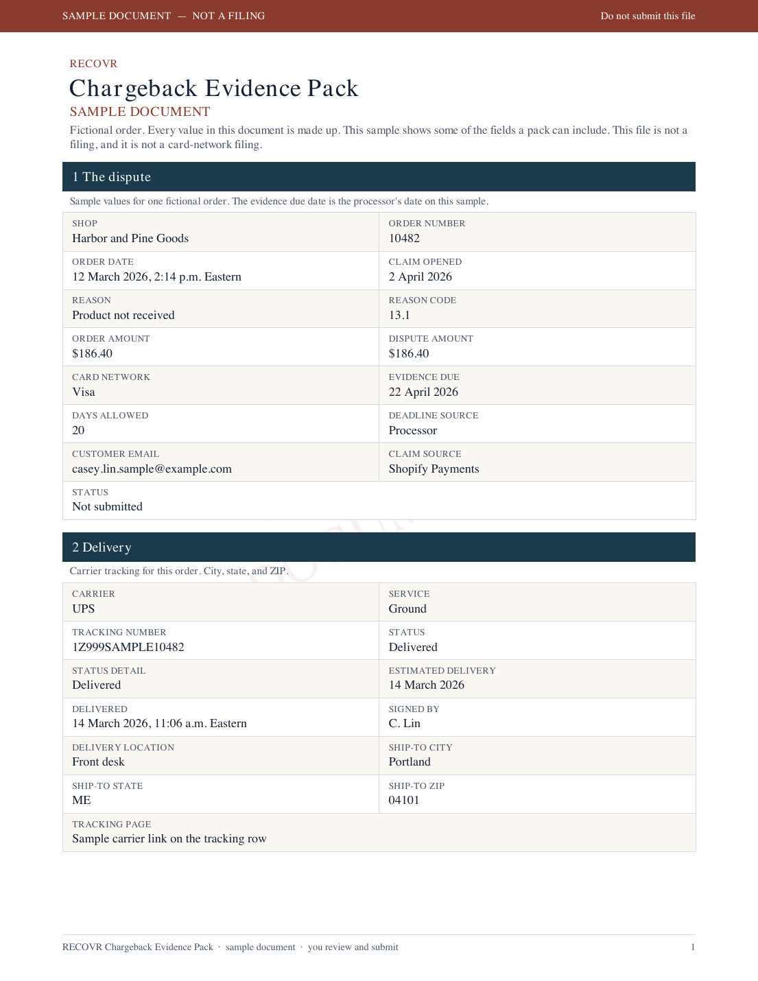 Sample chargeback evidence pack, page 1 of 2. The dispute and delivery for a fictional order. Sample document, not a filing.